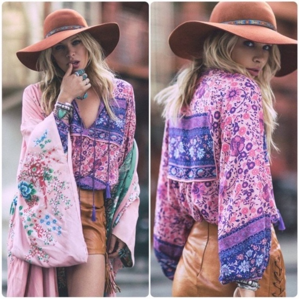 SPELL And The Gypsy Folktown Blossom Top Blouse Floral Tassel Top